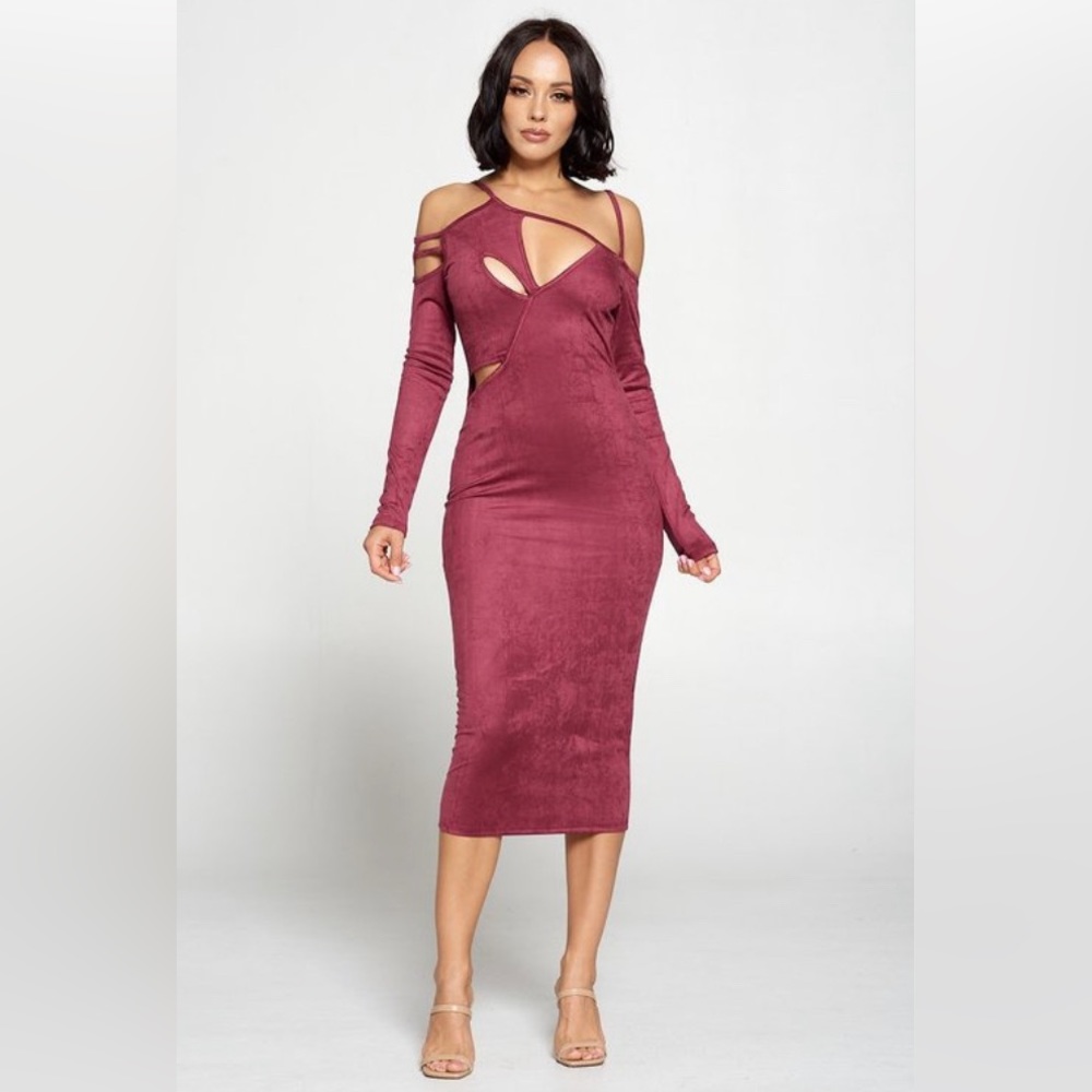 Sexy Faux Suede Cut Out Midi Dress